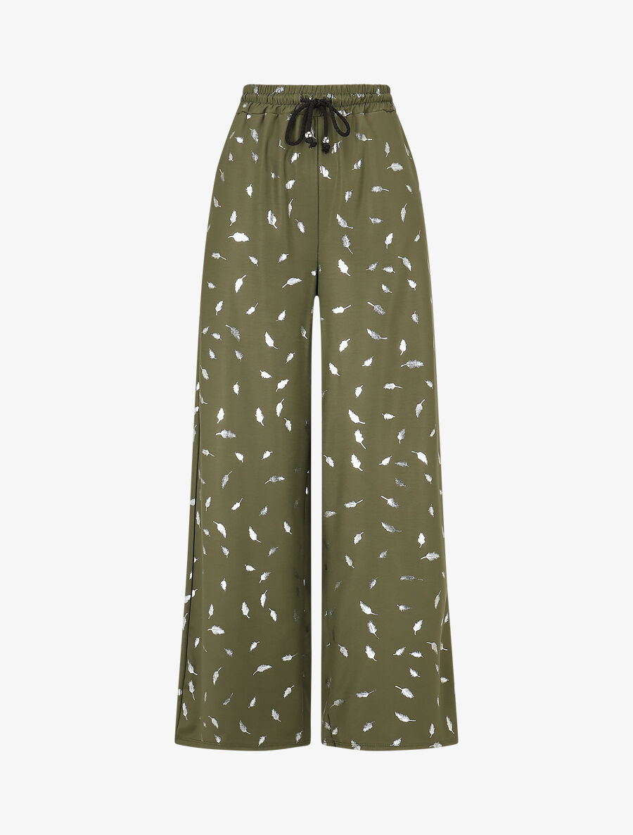 Pantalon élastiqué imprimé plumes irisées - Kaki - 4