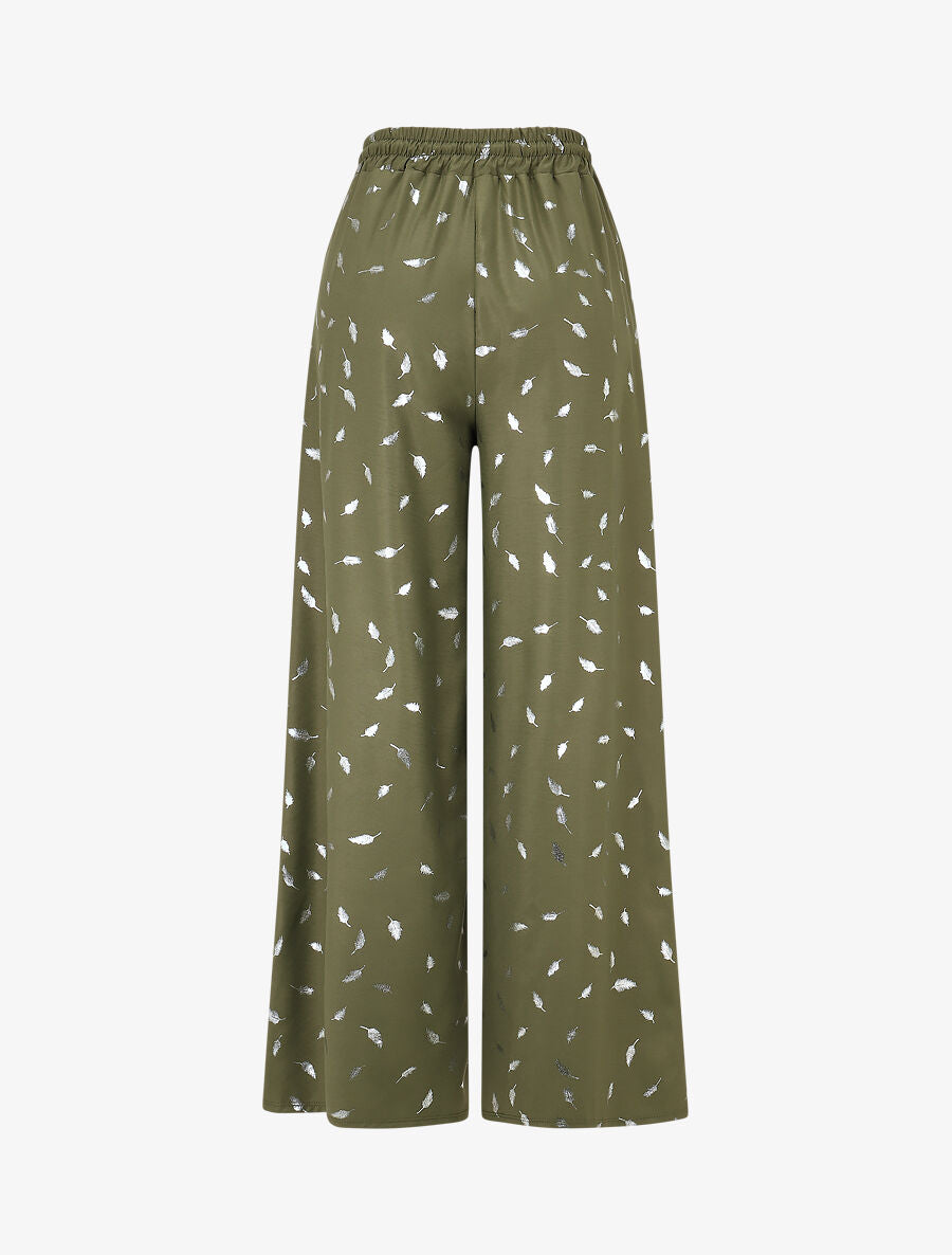 Pantalon élastiqué imprimé plumes irisées - Kaki - 2