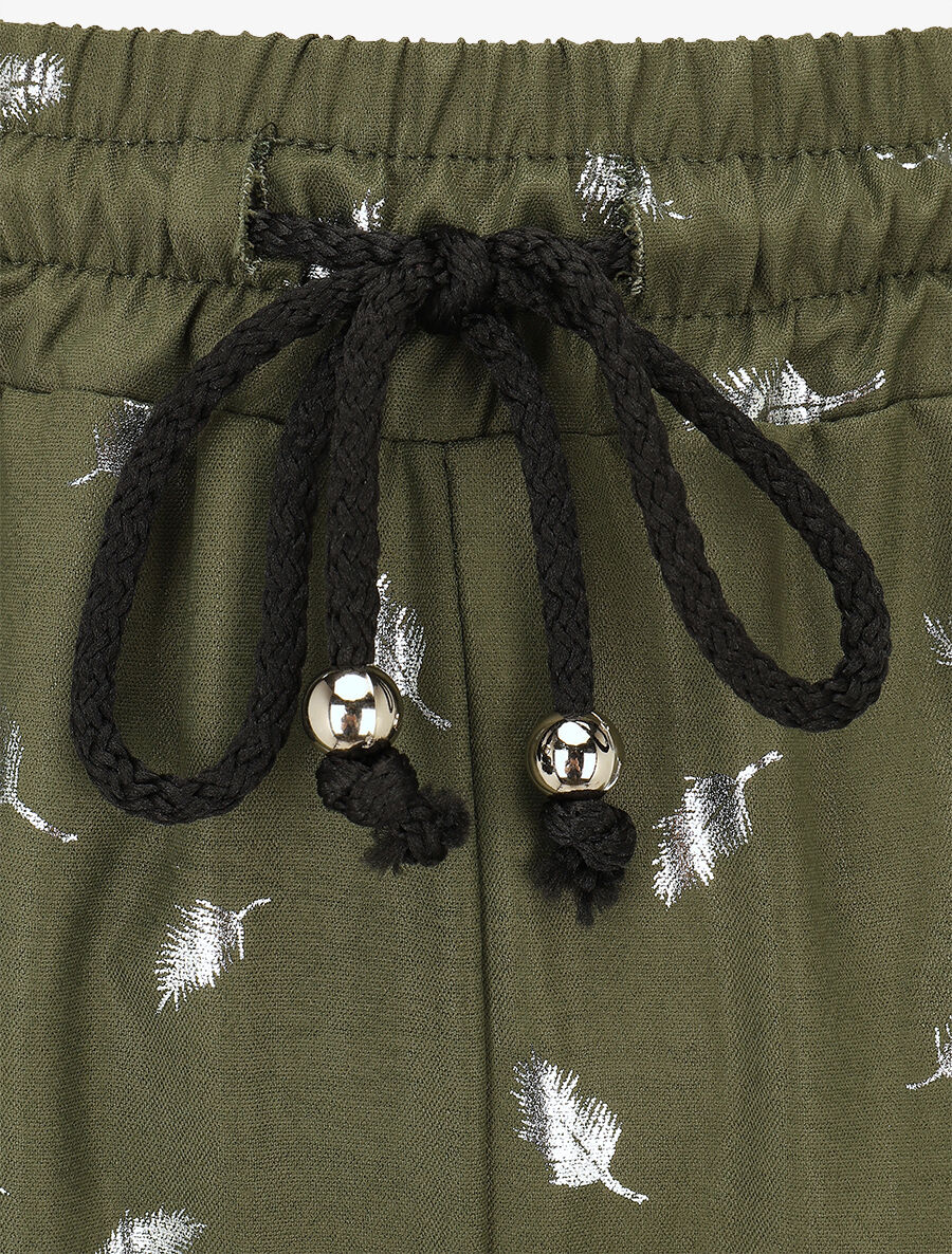 Pantalon élastiqué imprimé plumes irisées - Kaki - 3