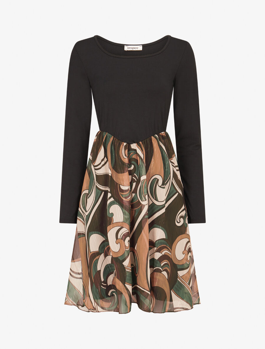 Robe patineuse à jupe imprimé fantaisie lamé - Marron - 1