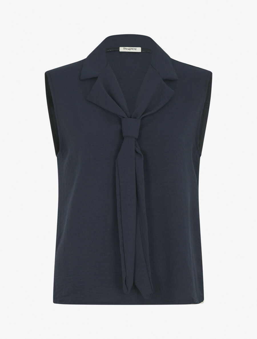 Top uni à col style cravate - Marine - 1