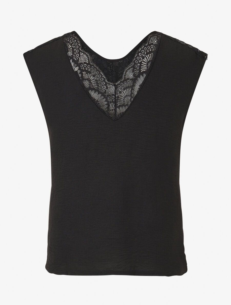 Top droit sans manches col en dentelle - Noir - 2