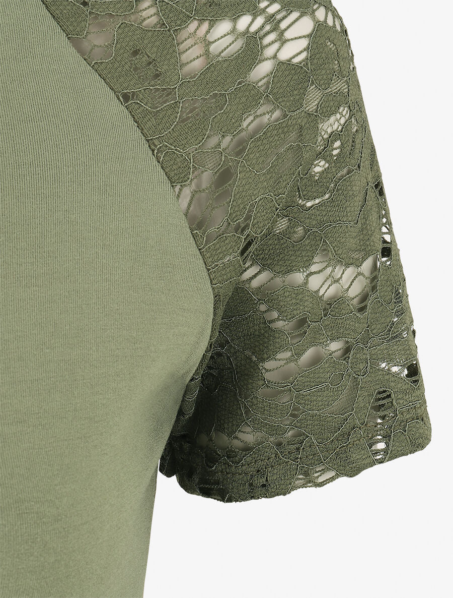 Top ajusté à manches courtes en dentelle - Kaki - 3