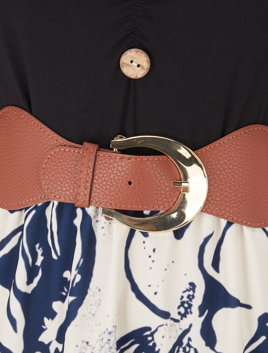 Robe évasée à jupe imprimé fleurs - Marine - 3