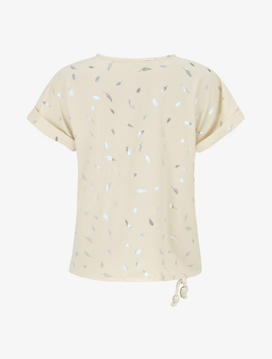 Top imprimé plumes irisées à détail ajouré et pierres - Beige - 2