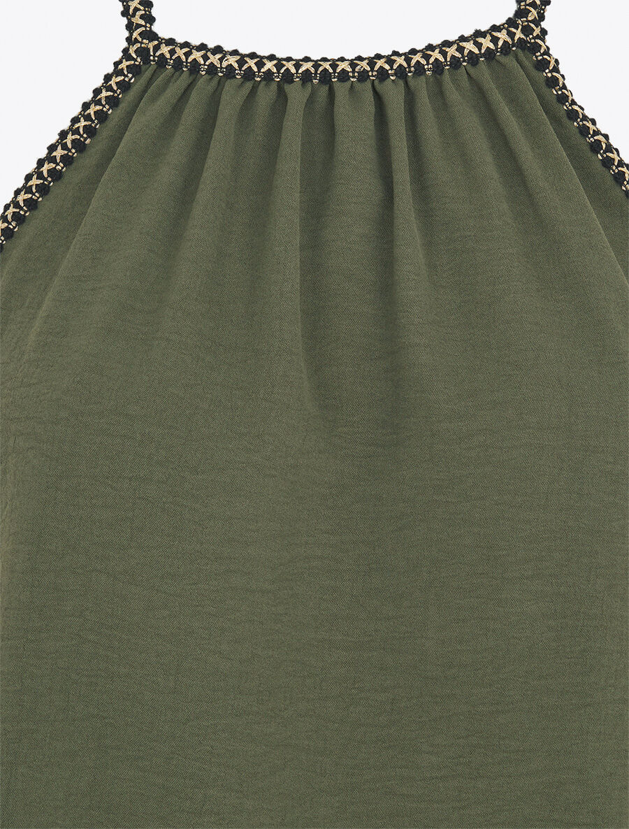 Top uni sans manches à détail brodé irisé - Kaki - 3
