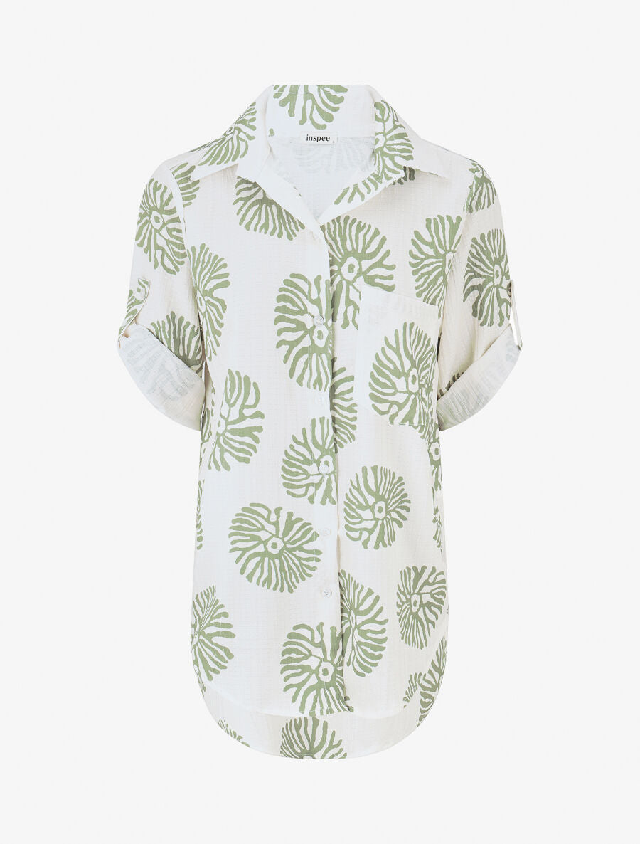 Chemise à manches retroussables imprimé anémones - Kaki - 4