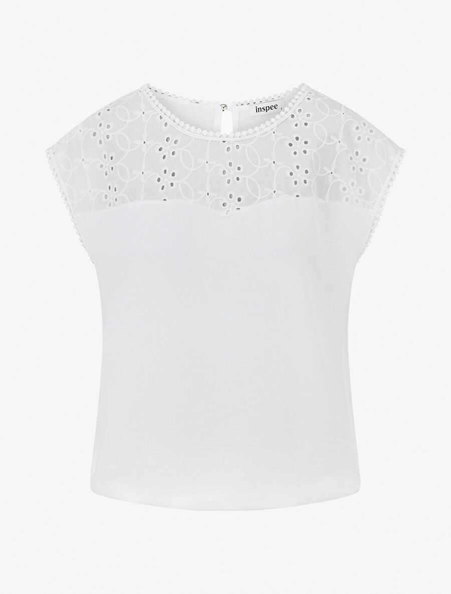 Top boule sans manches col en broderie anglaise - Blanc - 4
