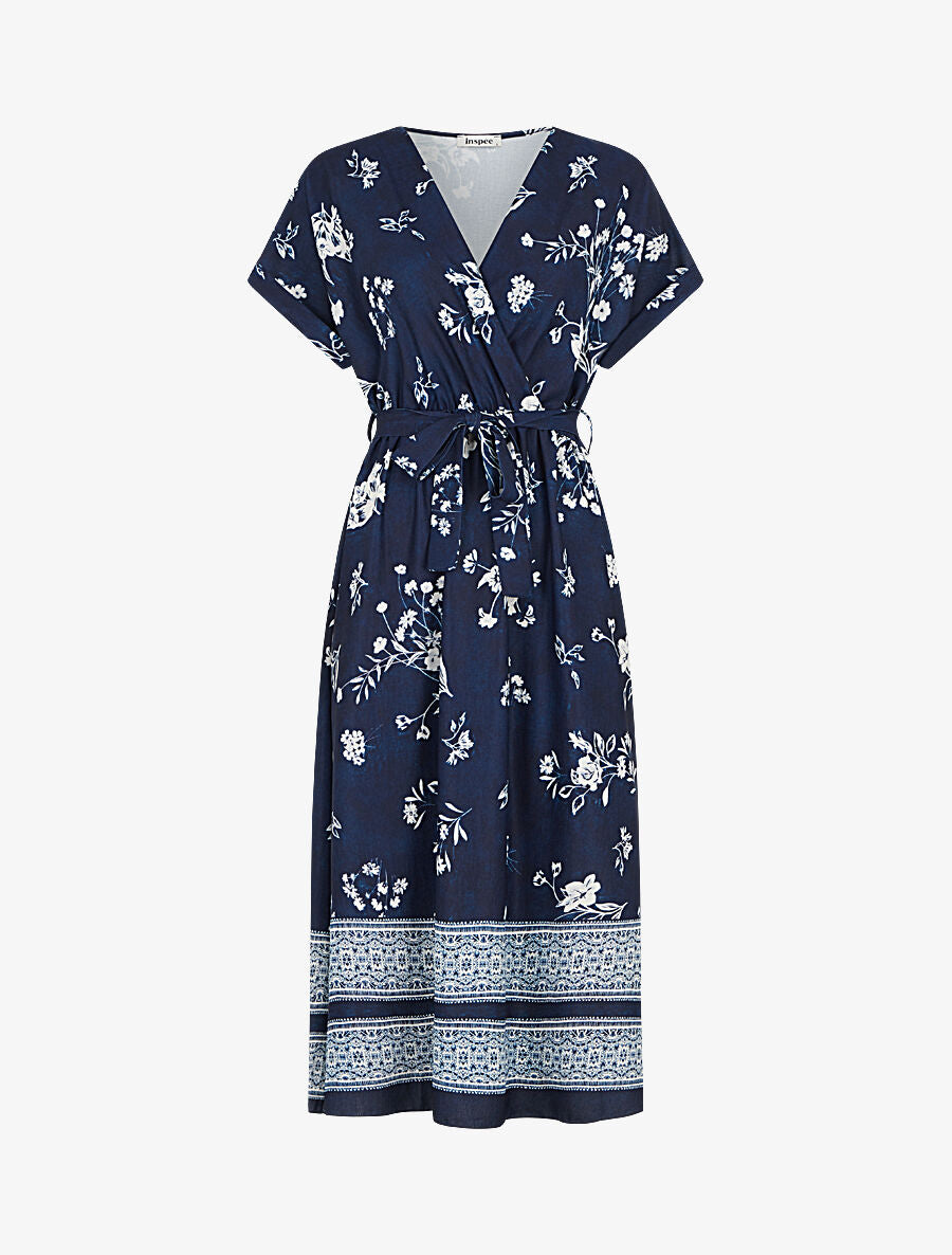 Robe longue manches courtes motif floral - Marine - 4
