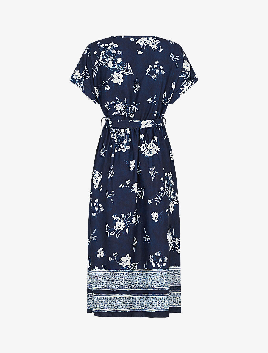 Robe longue manches courtes motif floral - Marine - 2
