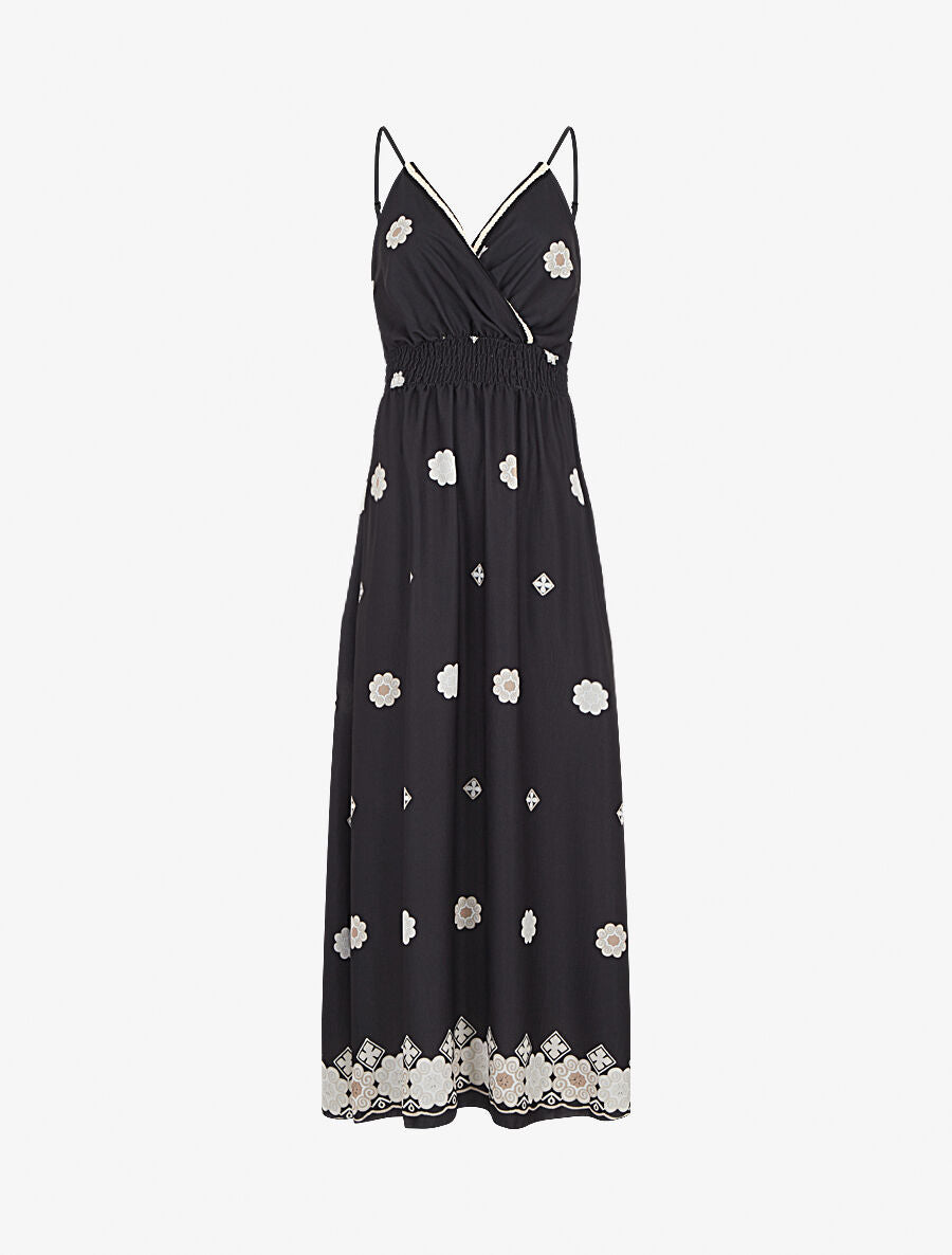 Robe longue fines bretelles et motif floral - Noir - 4