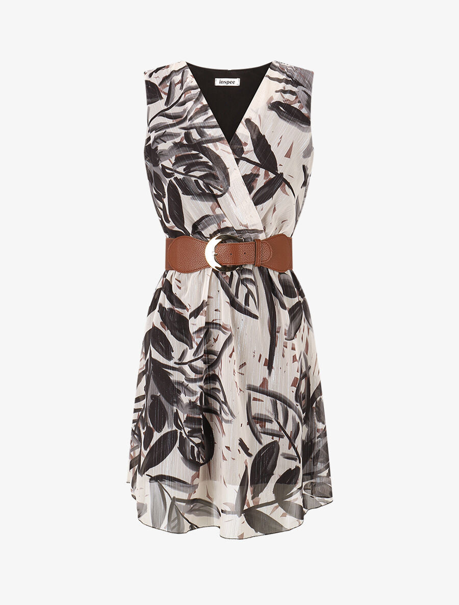 Robe courte sans manches imprimé feuilles irisé - Noir - 1