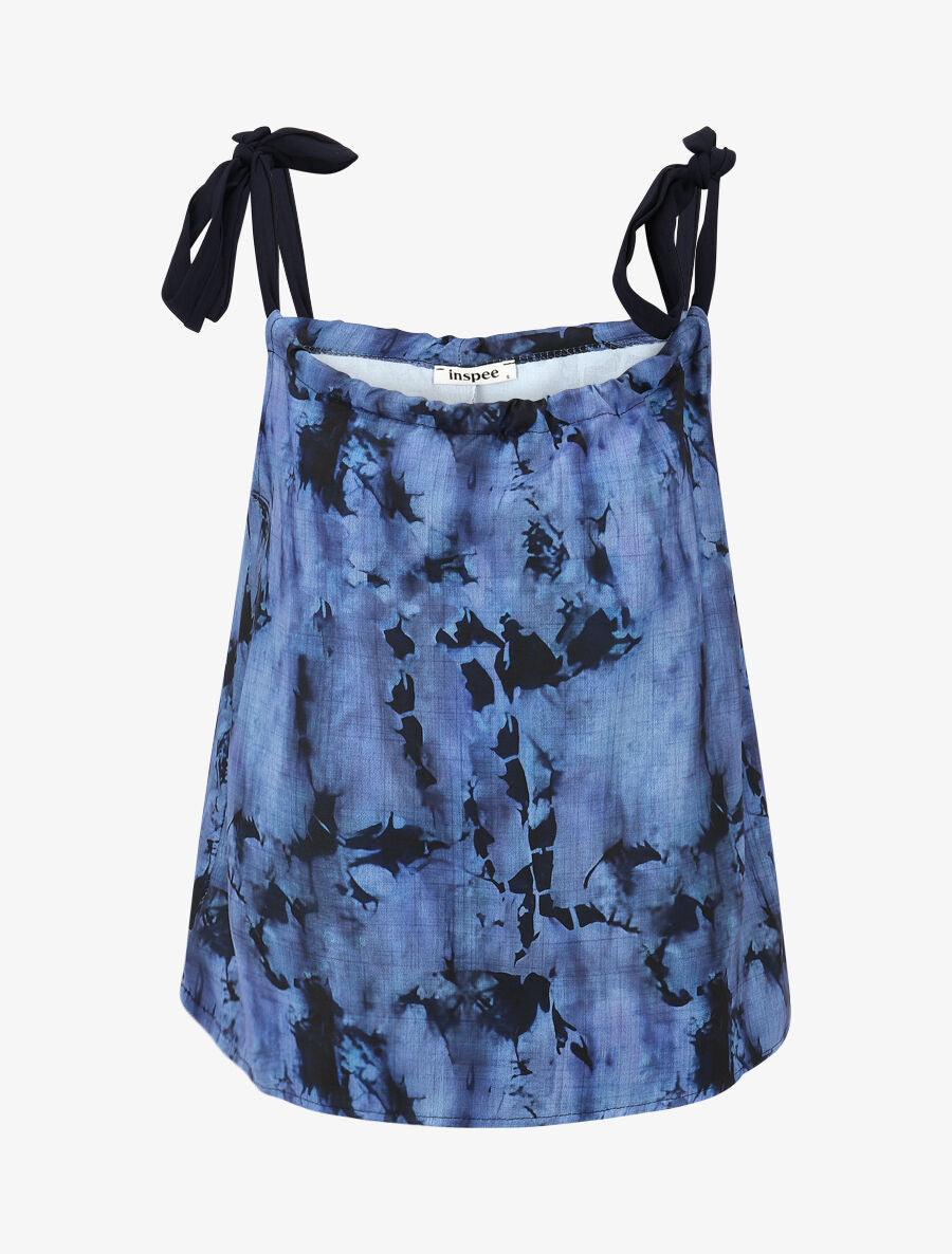 Top droit imprimé marbré à bretelles à nouer - Bleu - 4