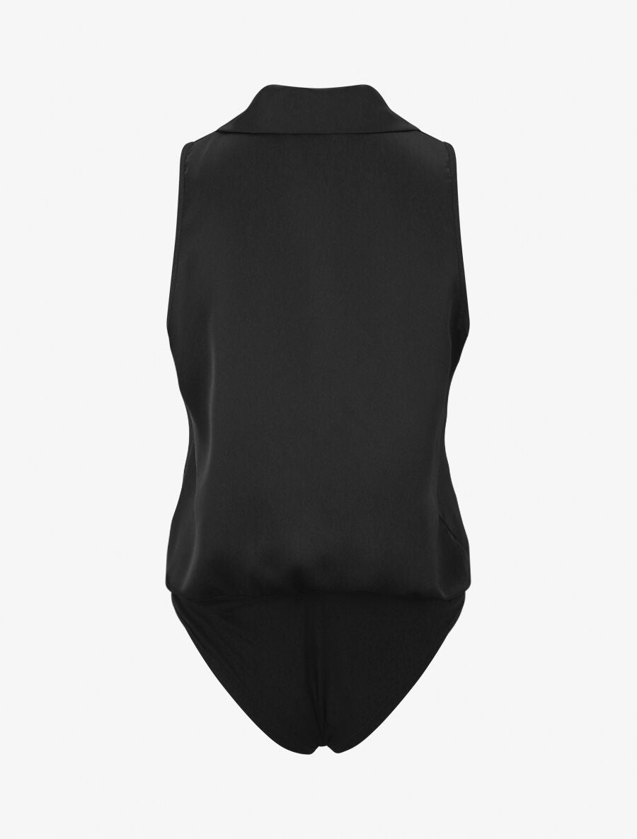 Body satiné style chemise sans manches - Noir - 2