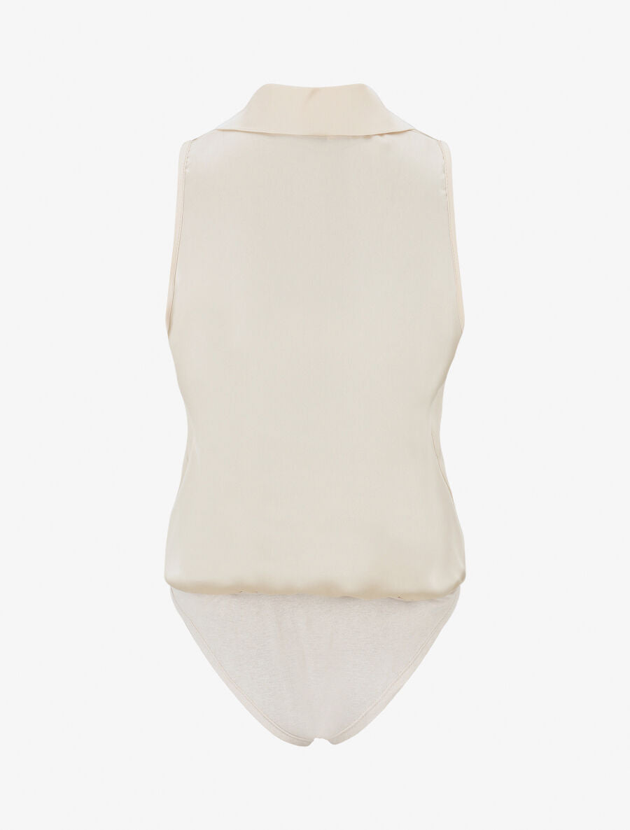 Body satiné style chemise sans manches - Beige - 2