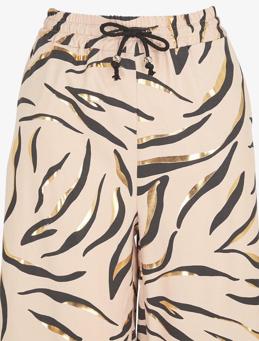 Pantalon satiné taille haute à motif doré - Beige - 3