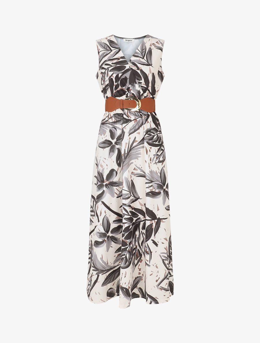 Robe longue élastiquée imprimé feuillage - Noir - 1