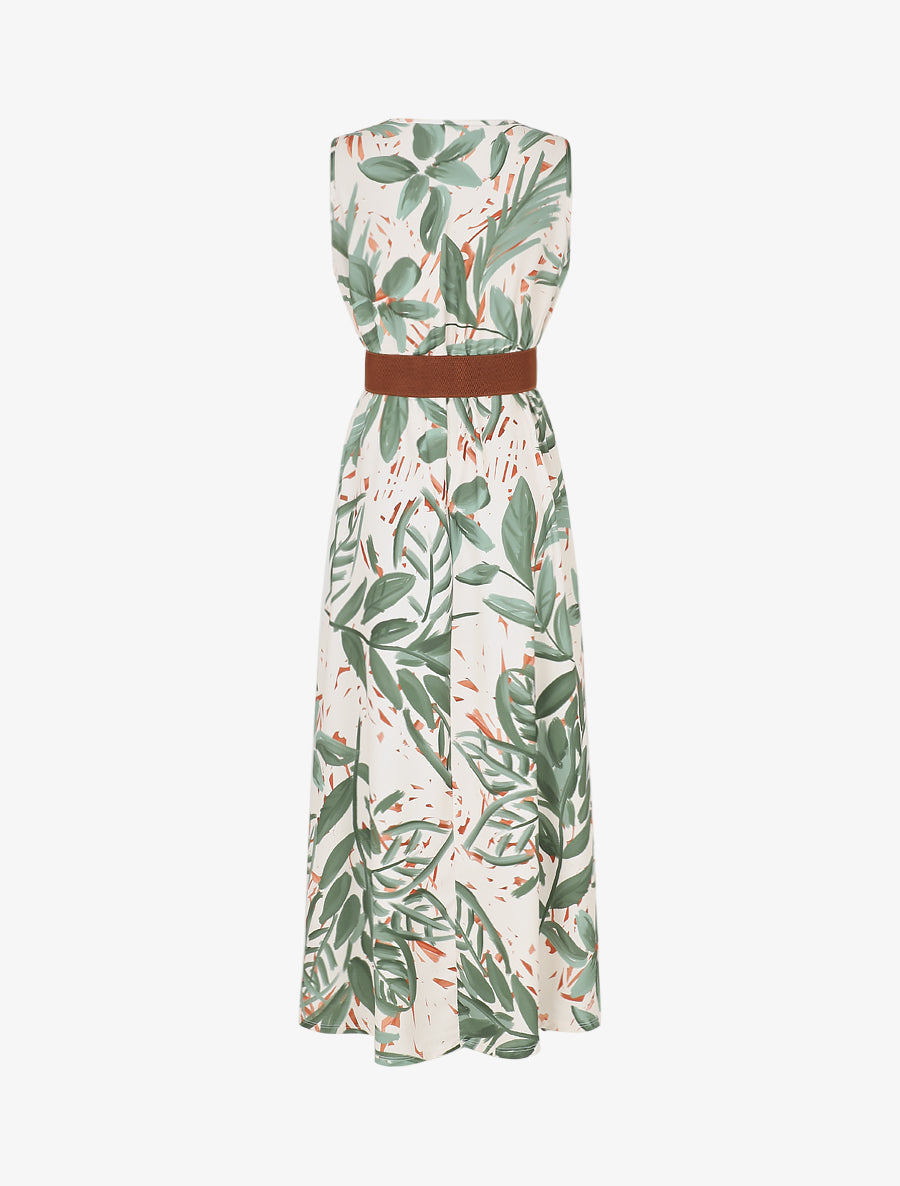 Robe longue élastiquée imprimé feuillage - Kaki - 2