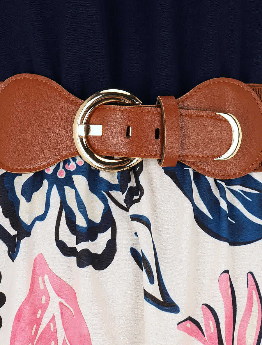 Robe imprimé fleuri à bretelles en chaîne - Marine - 3