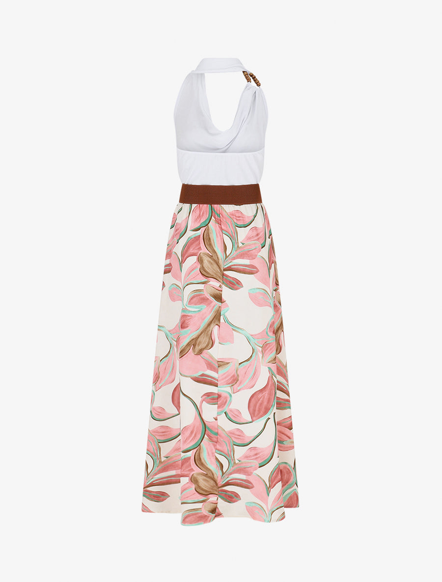 Robe longue dos nu à imprimé grandes feuilles - Rose - 2