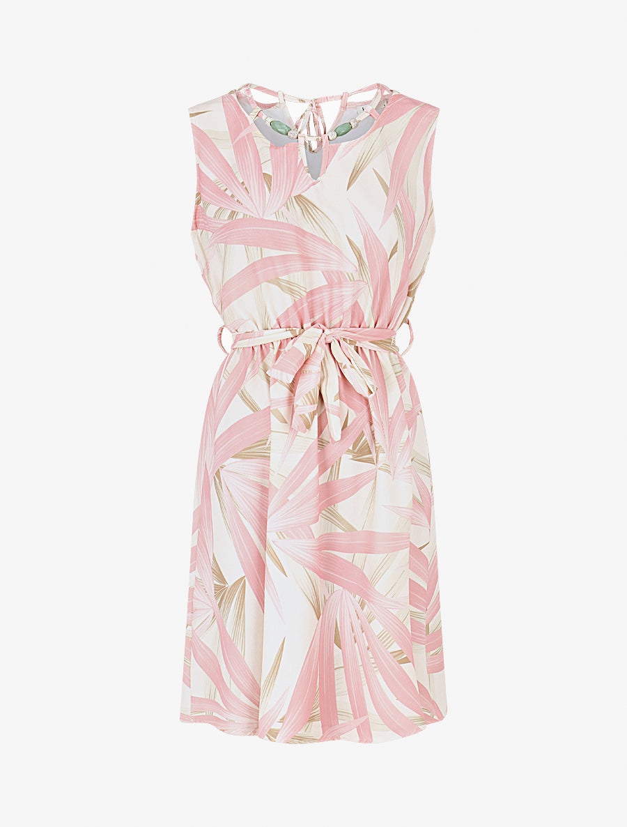 Robe mi-longue à col à perles et imprimé tropical - Rose - 1