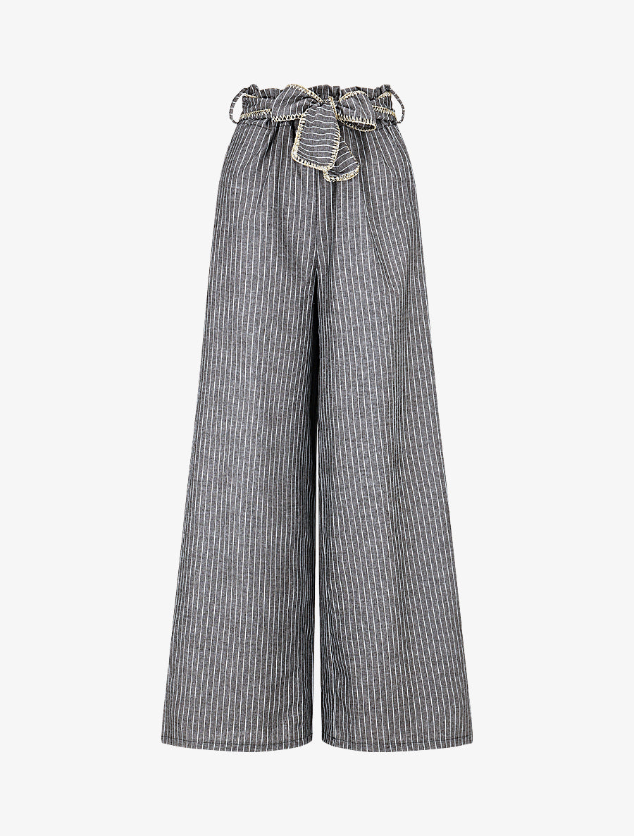 Pantalon ample à rayures et ceinture fantaisie - Gris - 1