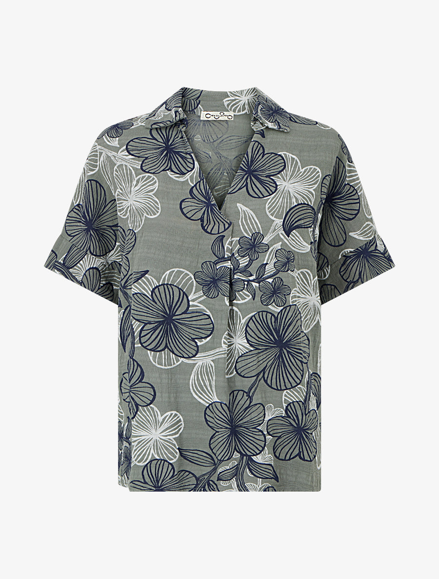 Blouse imprimé hawaïen effet lin - Kaki - 1