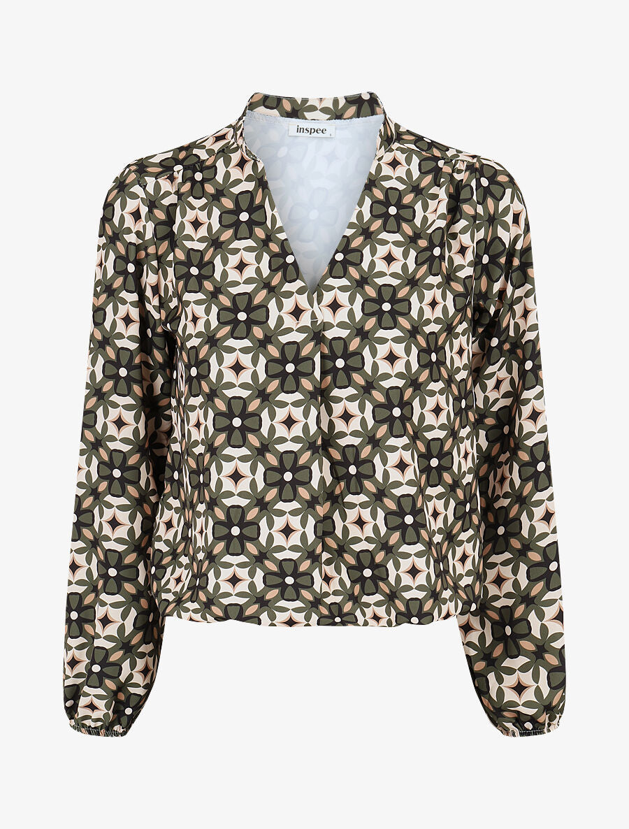 Blouse imprimé fleurs graphiques - Kaki - 1