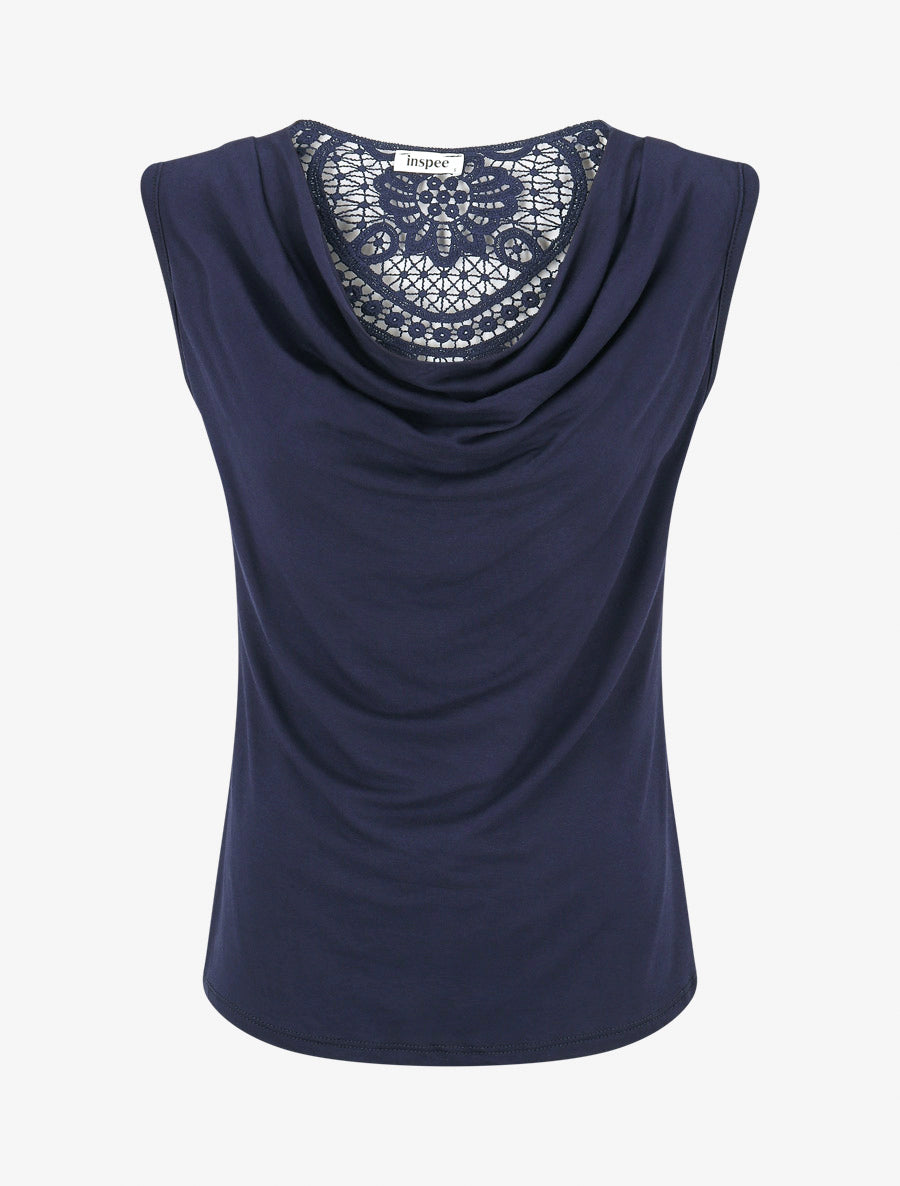 Top senza maniche con collo a cascata e schiena in pizzo - Blu navy