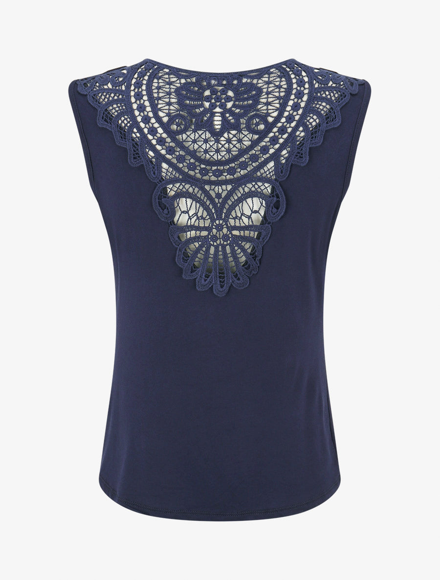 Top senza maniche con collo a cascata e schiena in pizzo - Blu navy