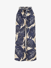 Pantalon imprimé feuillage à taille haute élastiquée - Marine - 1