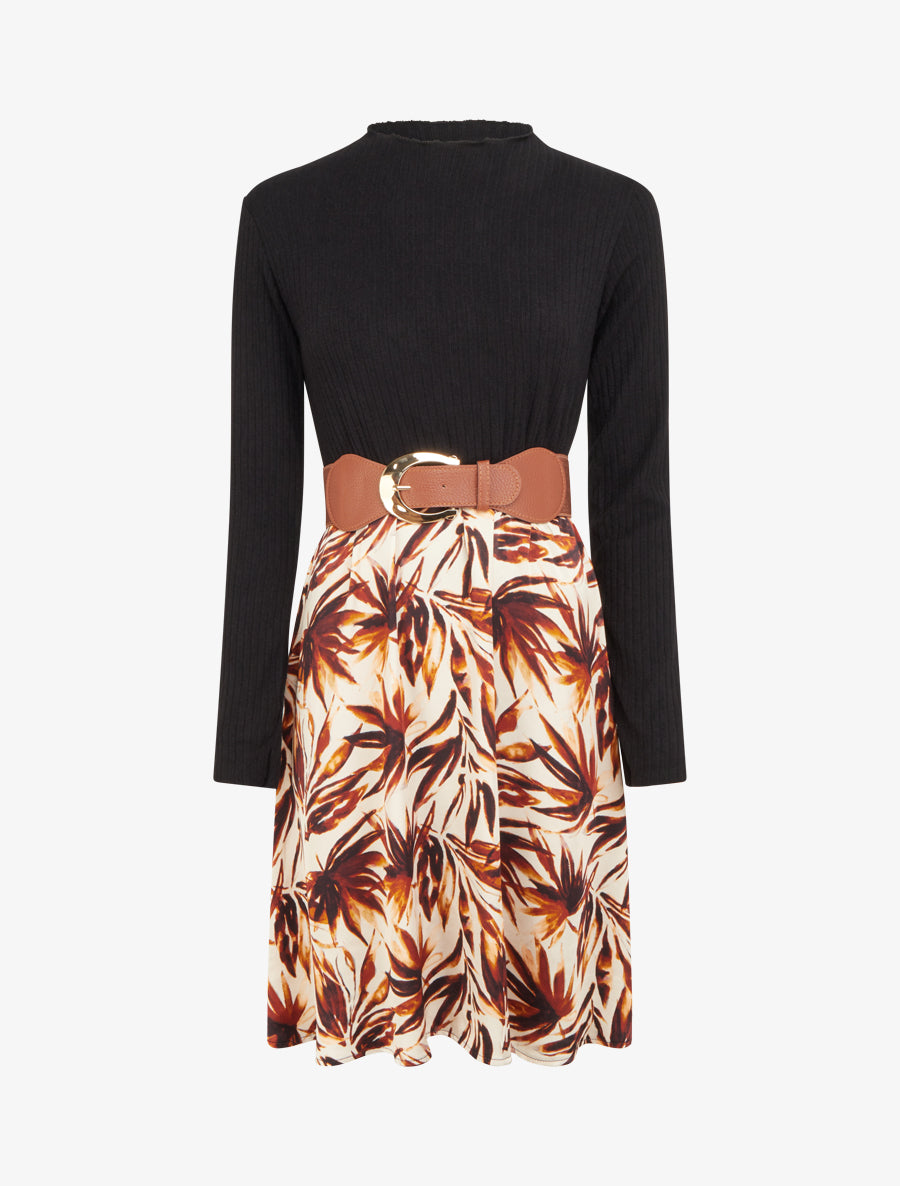 Robe évasée bi-matière imprimé feuilles - Marron - 1