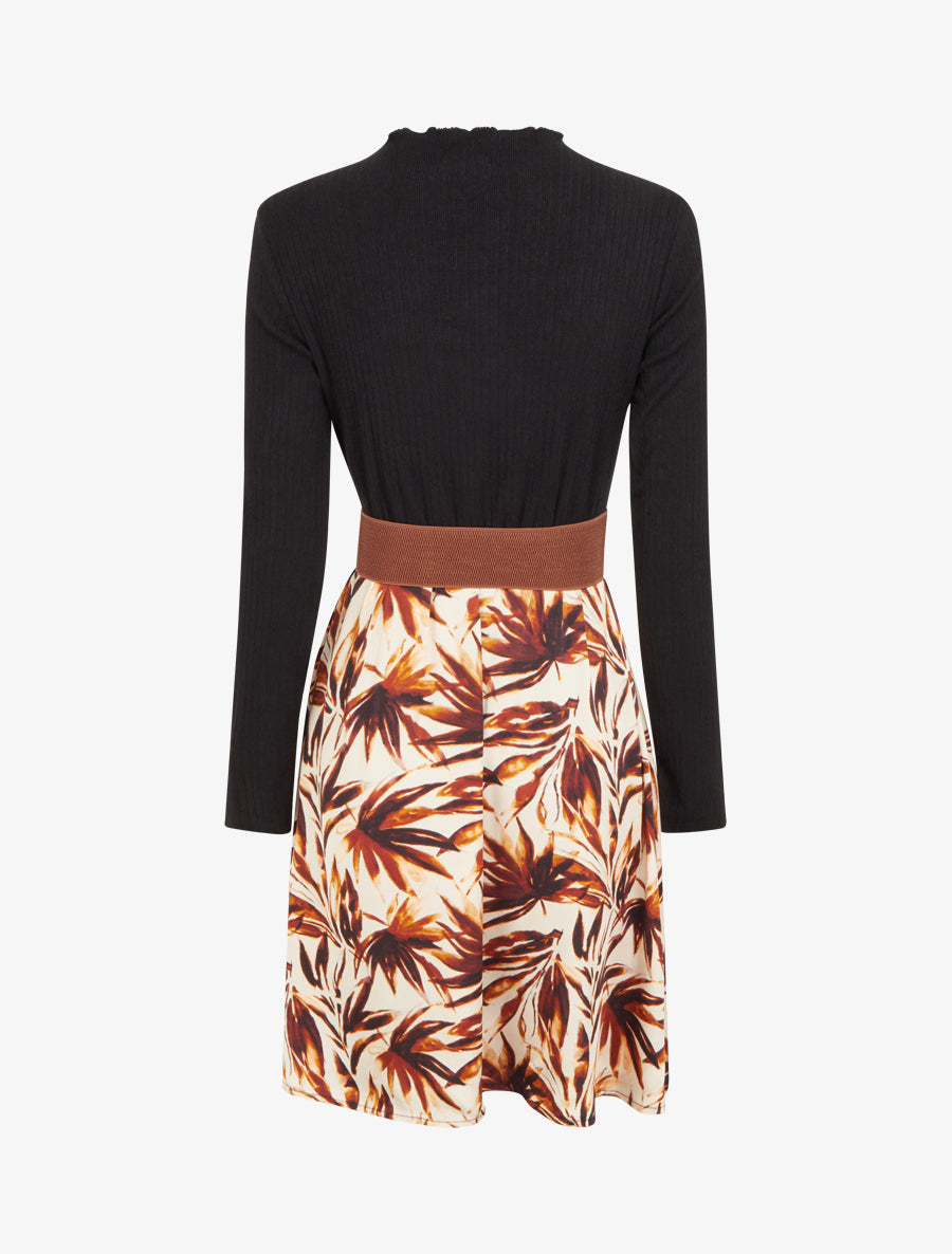 Robe évasée bi-matière imprimé feuilles - Marron - 2