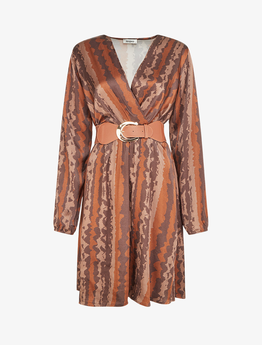 Robe évasée satinée imprimé fantaisie - Marron - 1