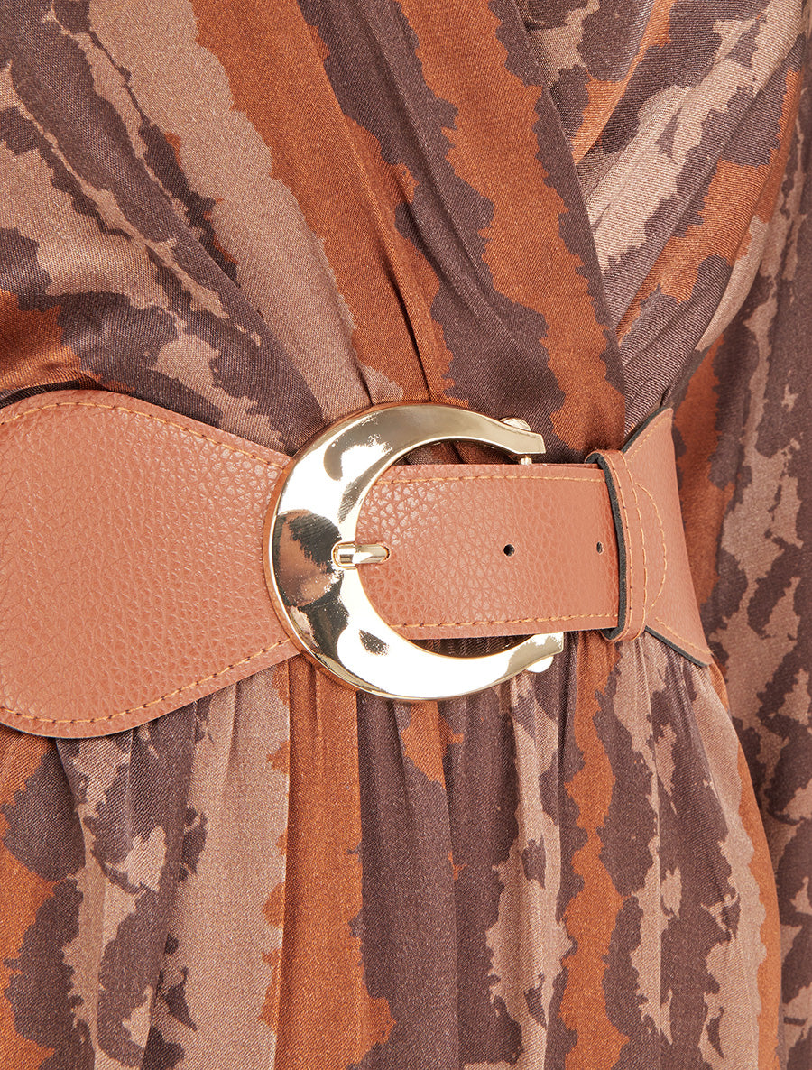 Robe évasée satinée imprimé fantaisie - Marron - 3