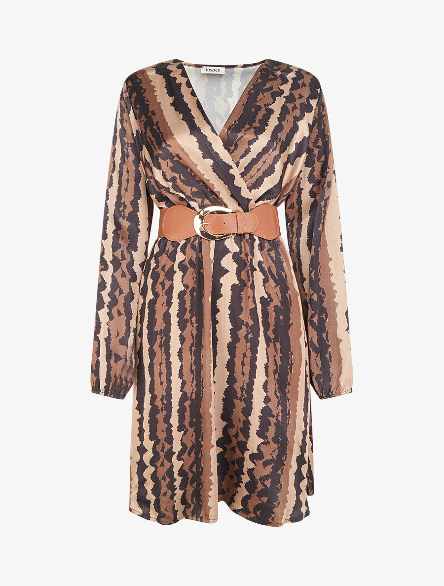 Robe évasée satinée imprimé fantaisie - Noir - 1