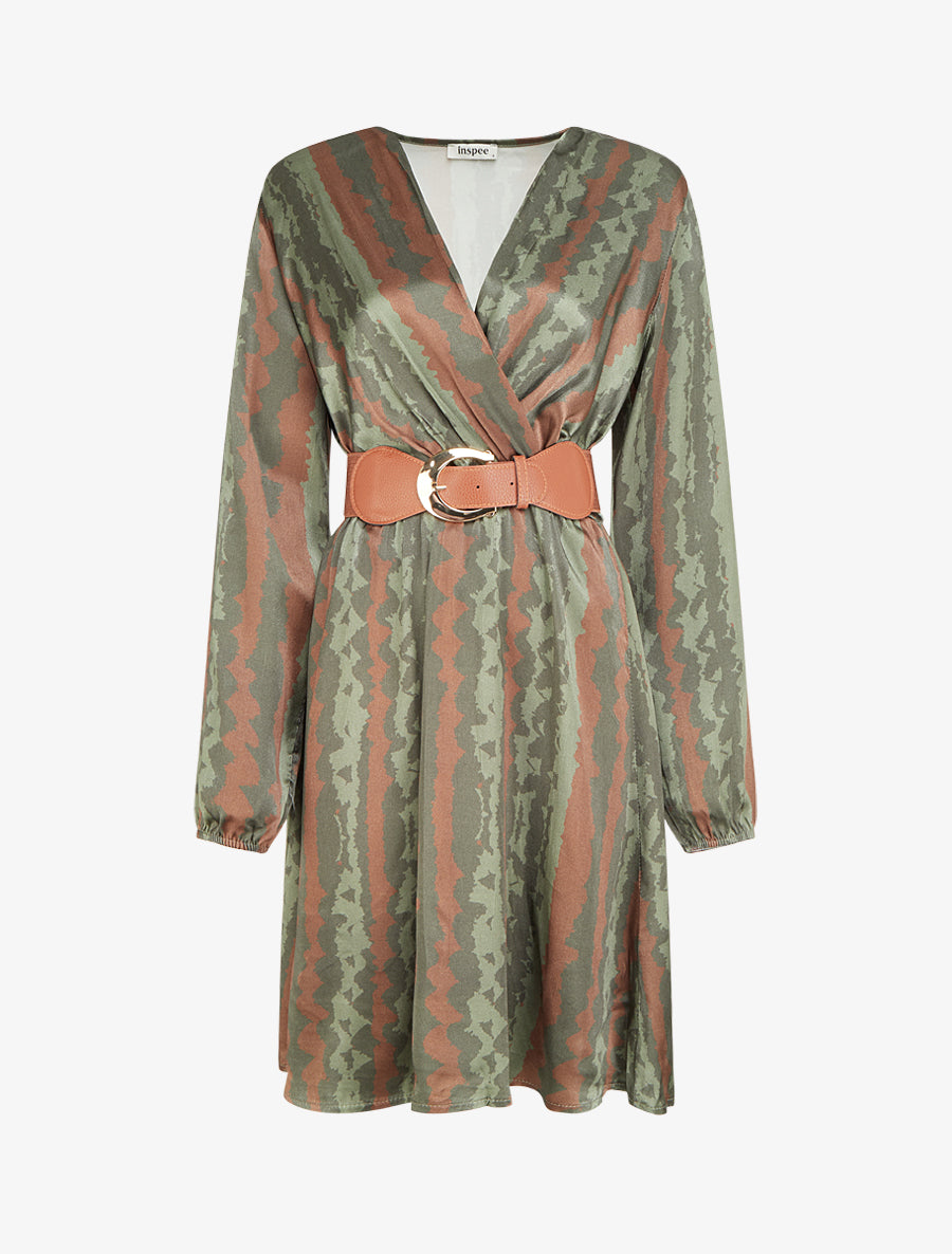 Robe évasée satinée imprimé fantaisie - Kaki - 1