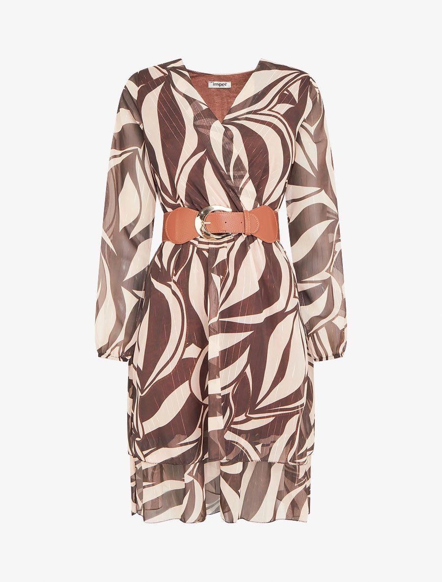 Robe patineuse en voile imprimé graphique - Marron - 1