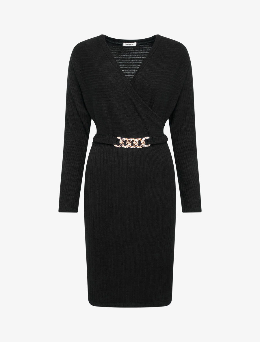 Robe pull moulante à ceinture bijou - Noir - 1