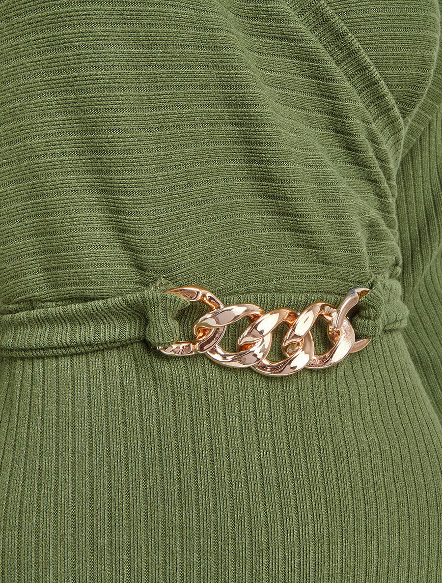Robe pull moulante à ceinture bijou - Kaki - 3