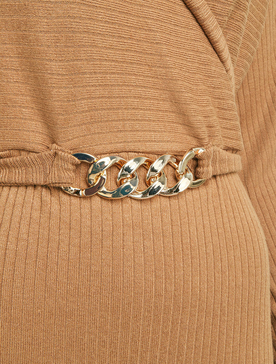 Robe pull moulante à ceinture bijou - Camel - 3