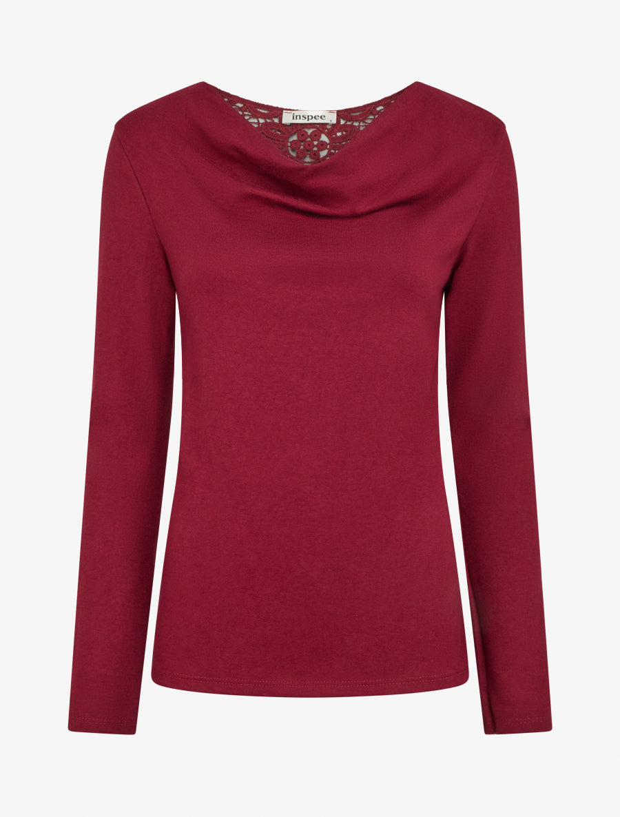 Maglione con collo a cowl e schiena in crochet. - Bordeaux