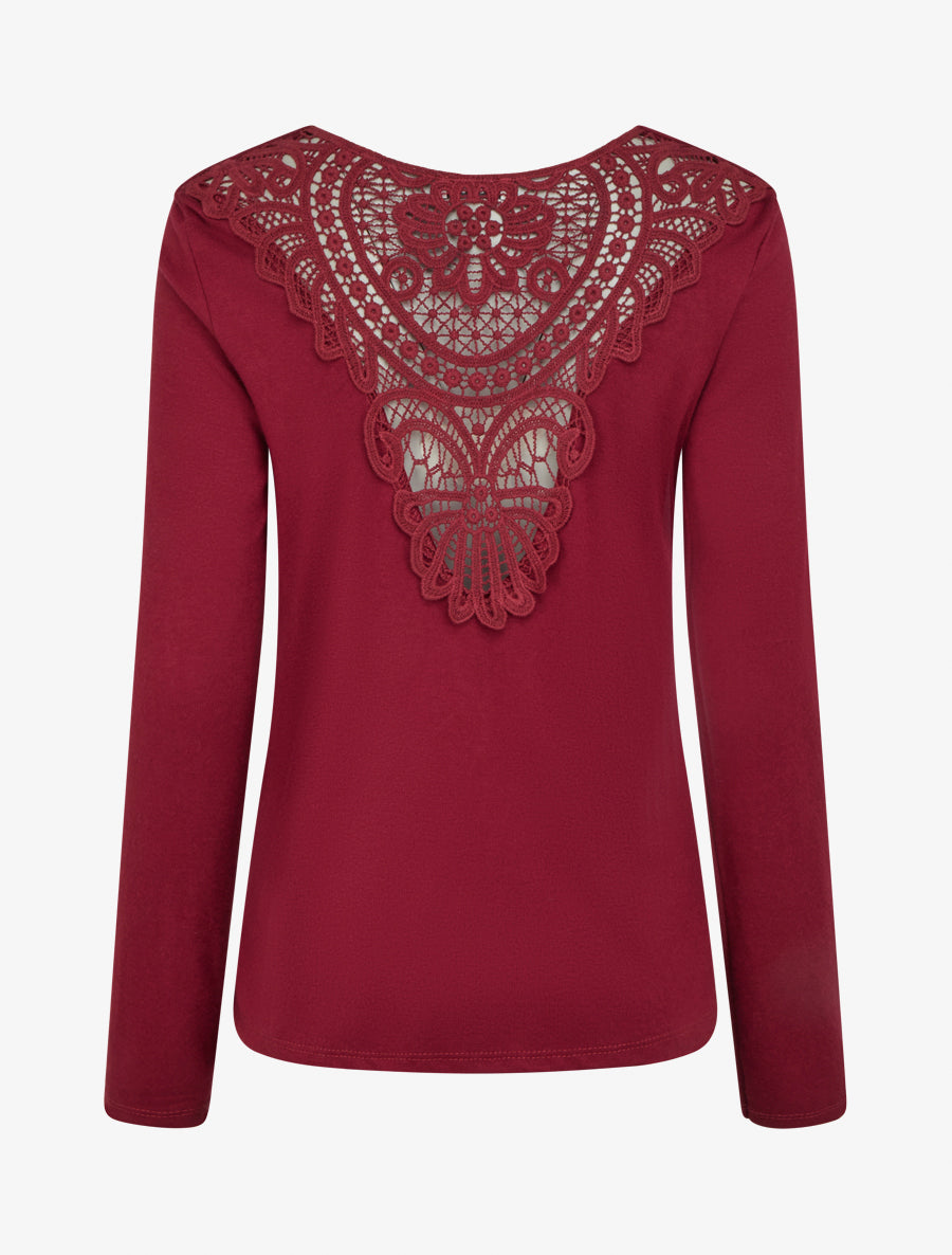 Maglione con collo a cowl e schiena in crochet. - Bordeaux