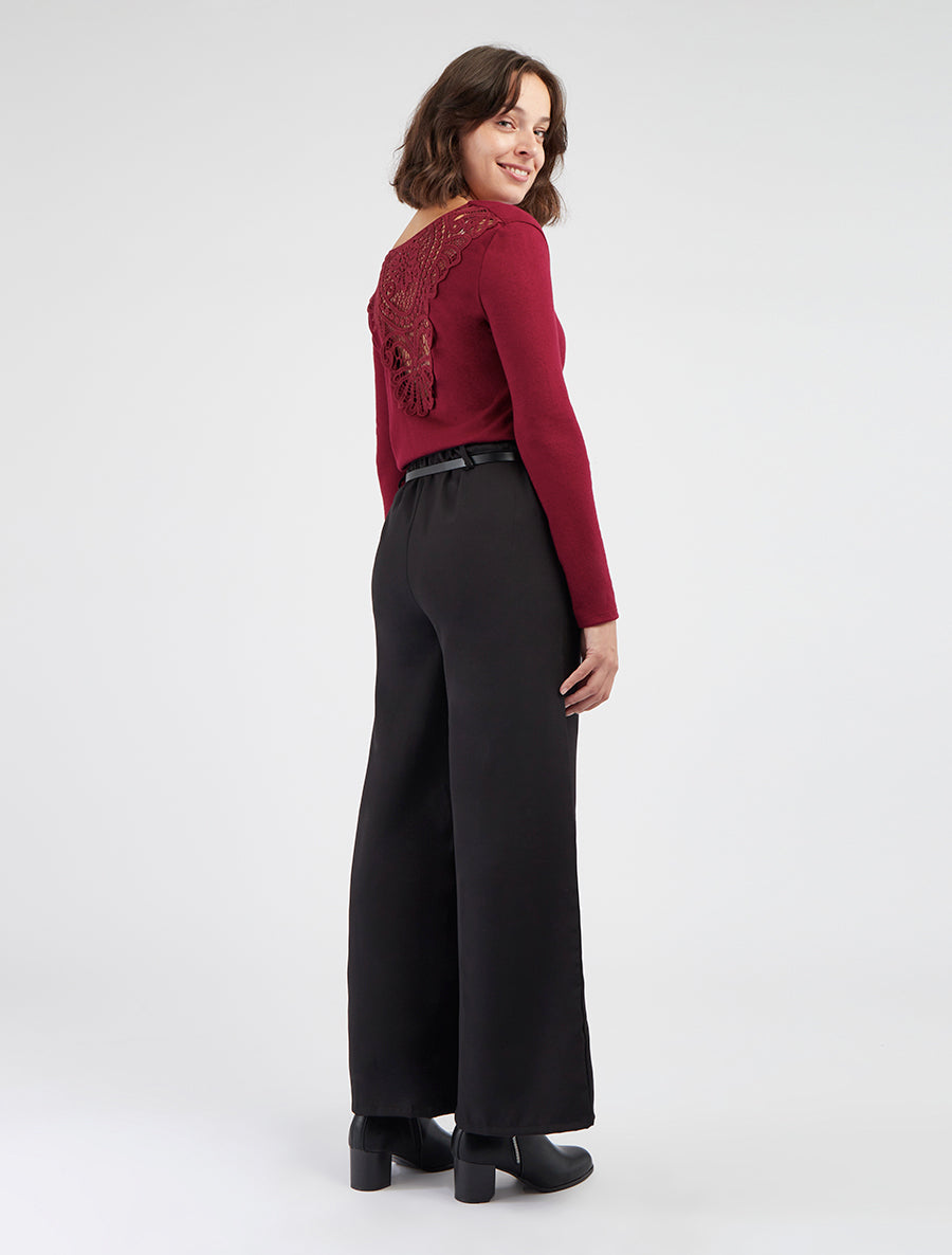 Maglione con collo a cowl e schiena in crochet. - Bordeaux