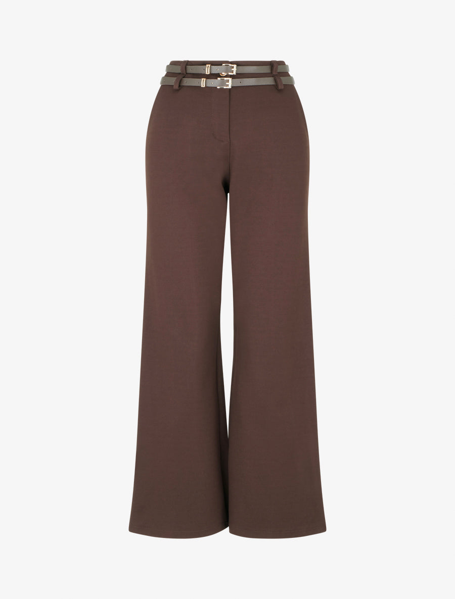 Pantalon droit taille haute à double ceinture - Marron - 1