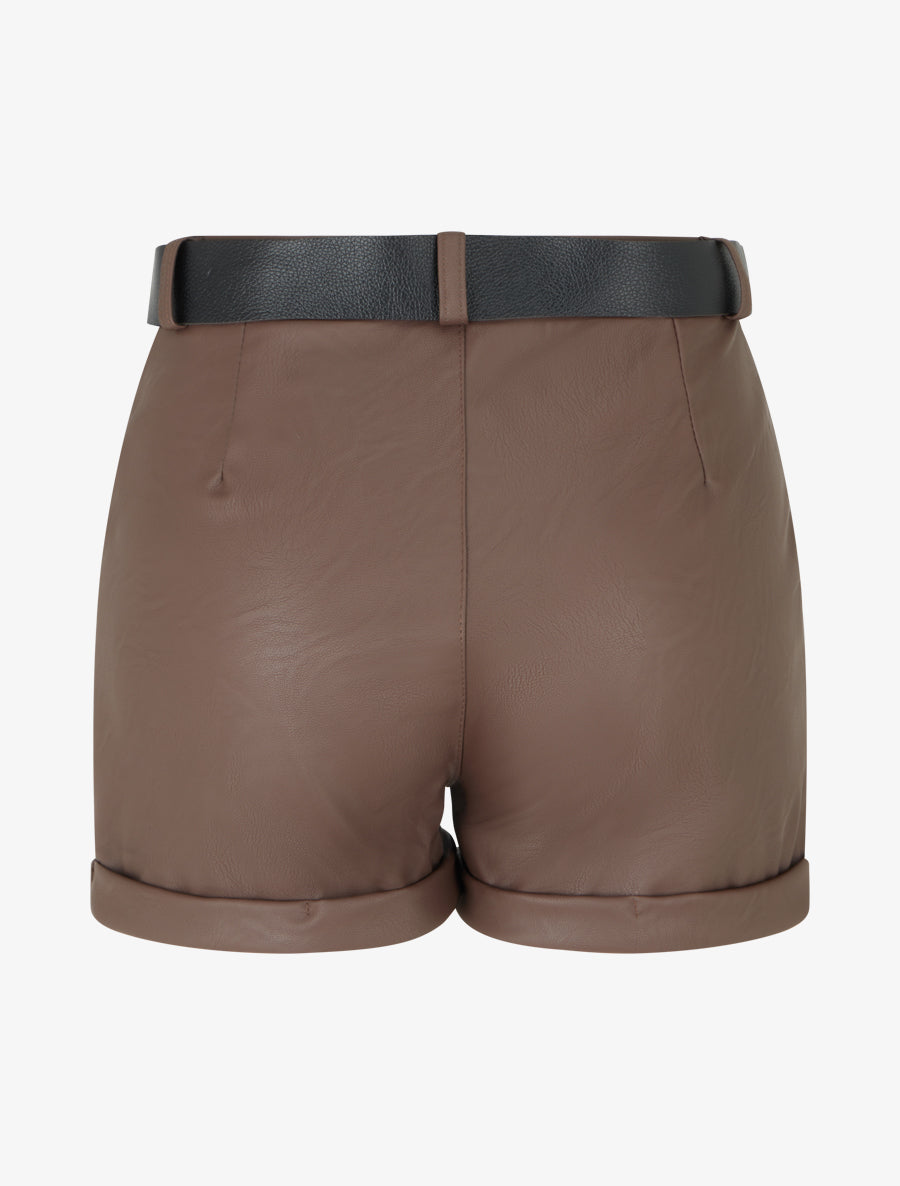 Short ceinturé à revers en simili - Marron - 2