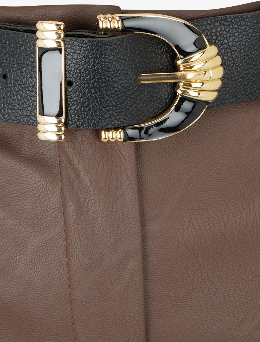 Short ceinturé à revers en simili - Marron - 3