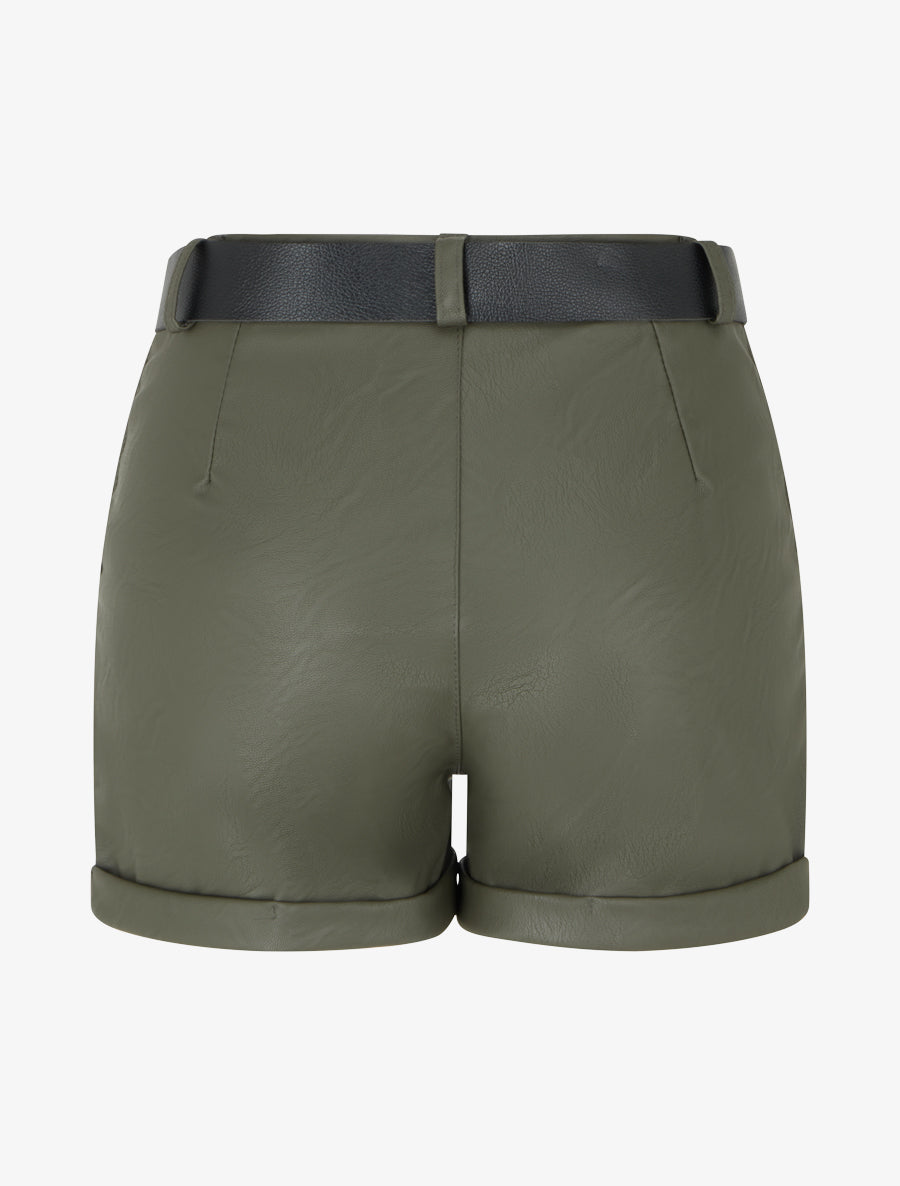 Short ceinturé à revers en simili - Kaki - 2