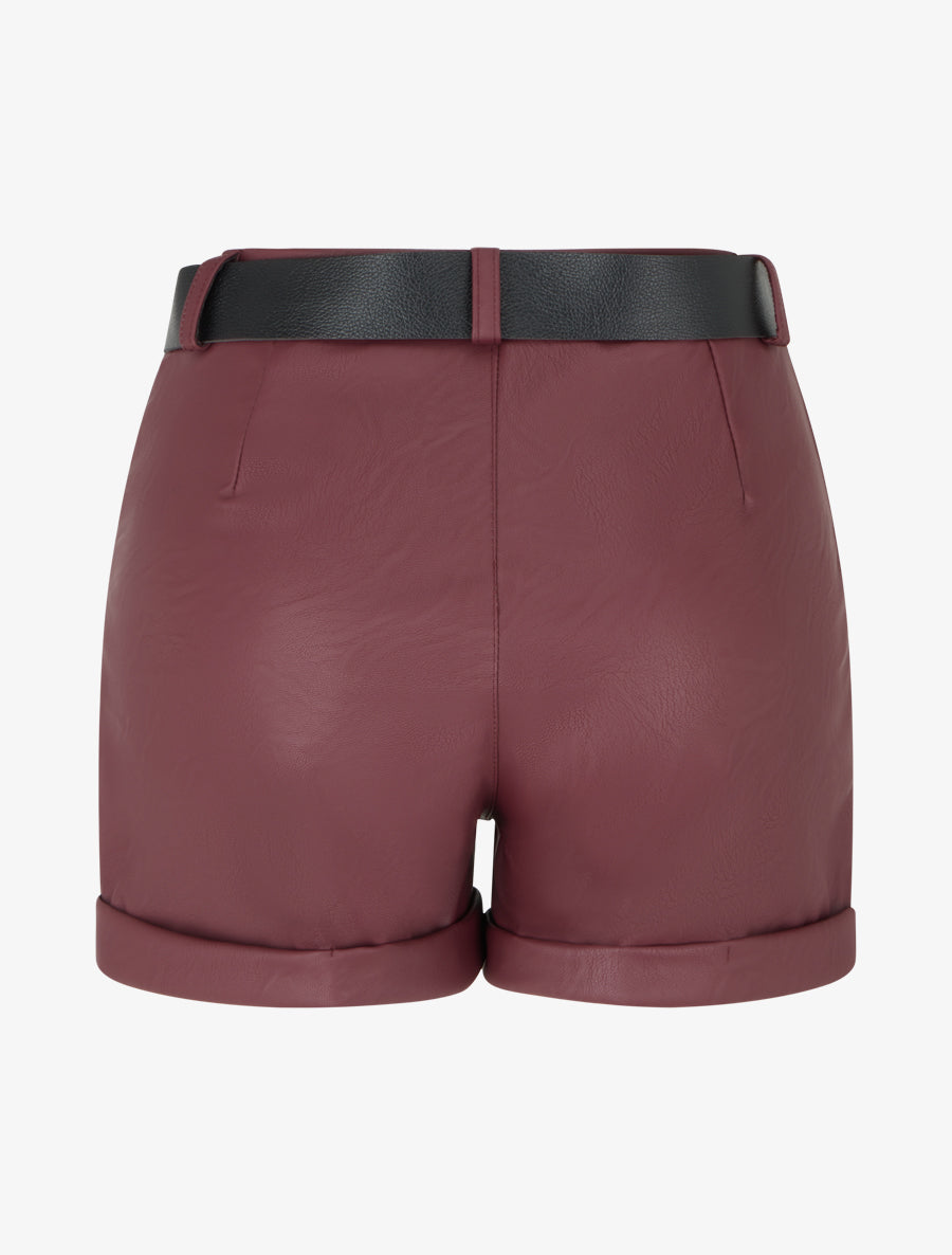 Short ceinturé à revers en simili - Lie de vin - 2