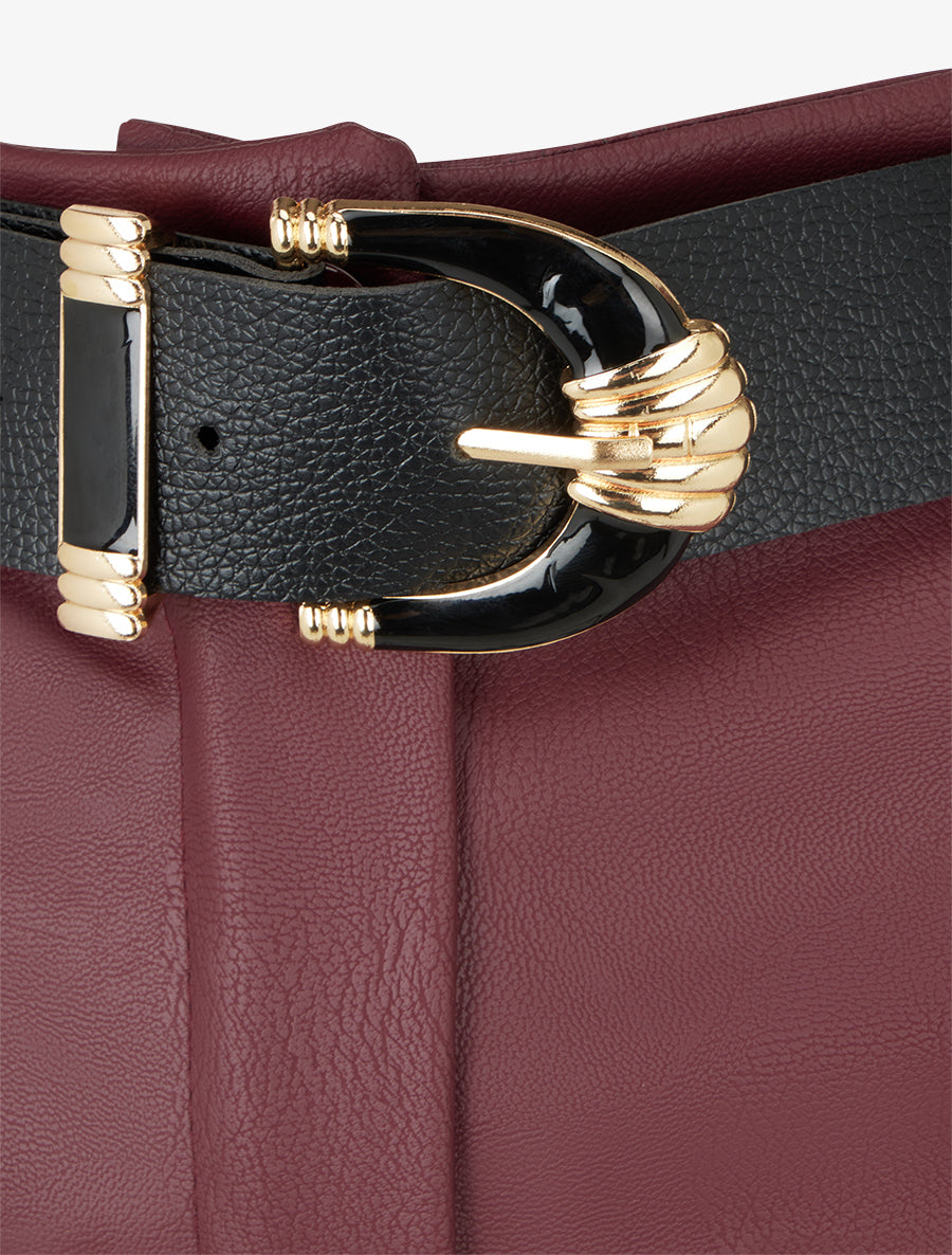 Short ceinturé à revers en simili - Lie de vin - 3